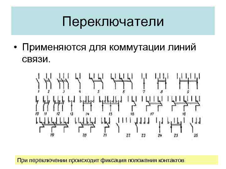 Переключатели • Применяются для коммутации линий связи. При переключении происходит фиксация положения контактов 