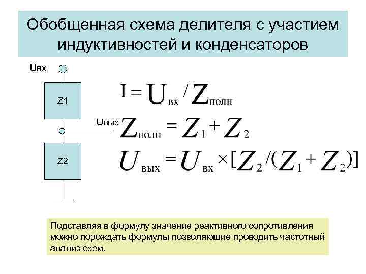 Обобщенная схема делителя с участием индуктивностей и конденсаторов Uвх Z 1 Uвых Z 2