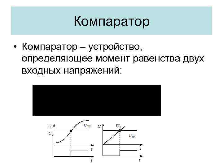 Компаратор • Компаратор – устройство, определяющее момент равенства двух входных напряжений: 