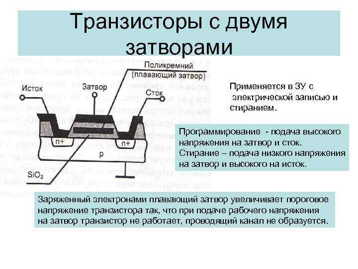 Транзисторы с двумя затворами Применяется в ЗУ с электрической записью и стиранием. Программирование -