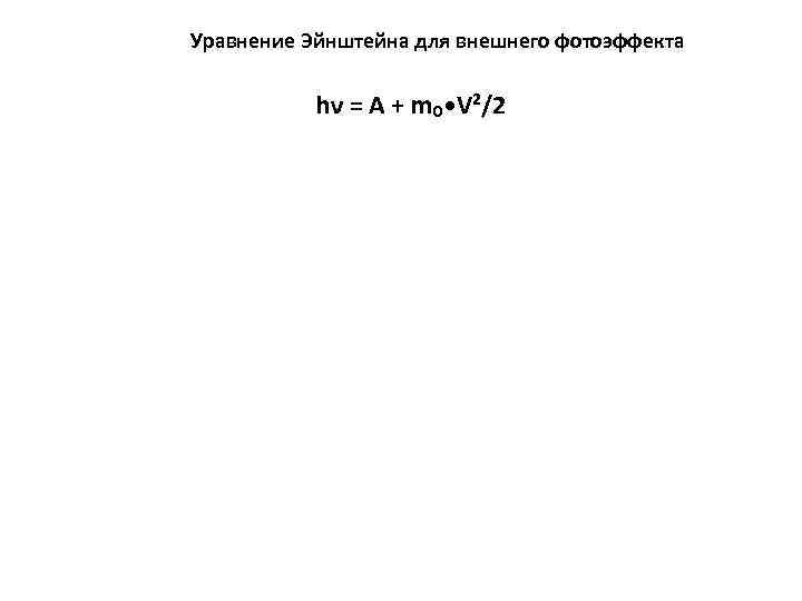 Уравнение Эйнштейна для внешнего фотоэффекта hν = A + m₀ • V²/2 