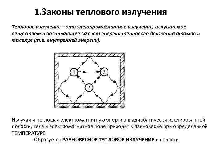 1. Законы теплового излучения Тепловое излучение – это электромагнитное излучение, испускаемое веществом и возникающее