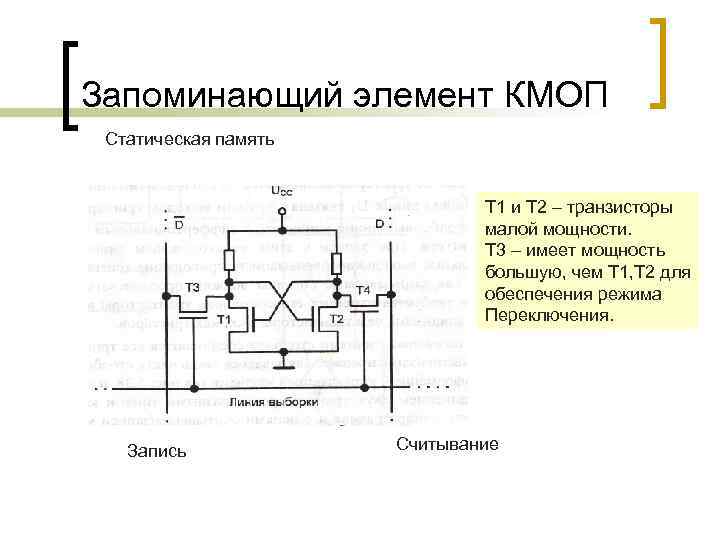 Запоминающий элемент КМОП Статическая память Т 1 и Т 2 – транзисторы малой мощности.