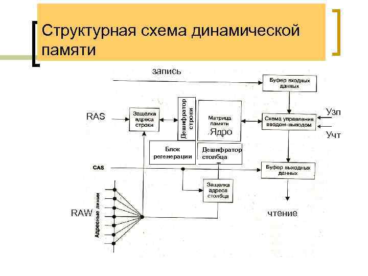 Структурная схема динамической памяти RAS Дешифратор строки запись Блок регенерации RAW Узп Ядро Учт