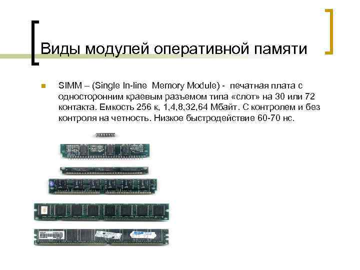 Виды модулей оперативной памяти n SIMM – (Single In-line Memory Module) - печатная плата