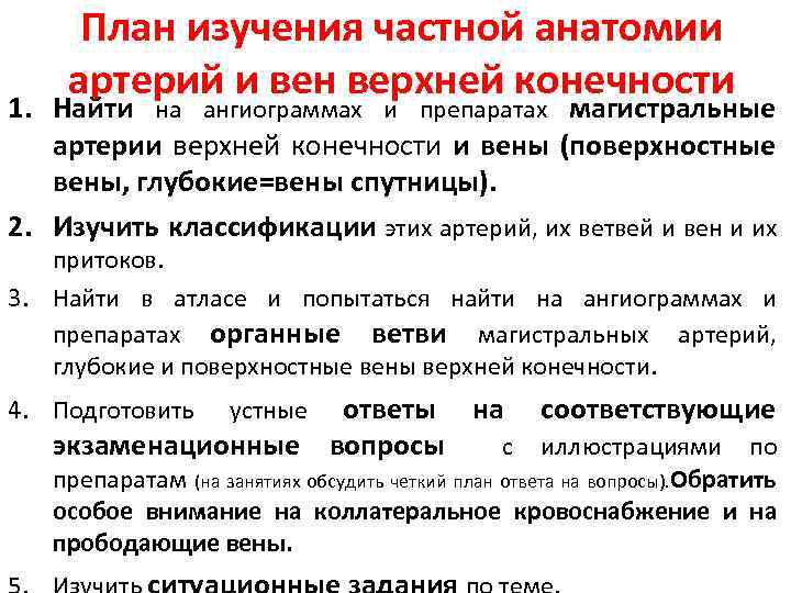 План изучения частной анатомии артерий и вен верхней конечности 1. Найти на ангиограммах и