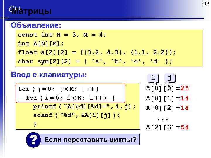 112 Матрицы Объявление: const int N = 3, M = 4; int A[N][M]; float