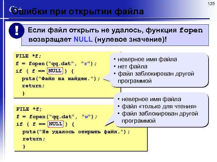125 Ошибки при открытии файла ! Если файл открыть не удалось, функция fopen возвращает