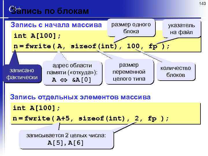 143 Запись по блокам указатель Запись с начала массива размер одного блока на файл