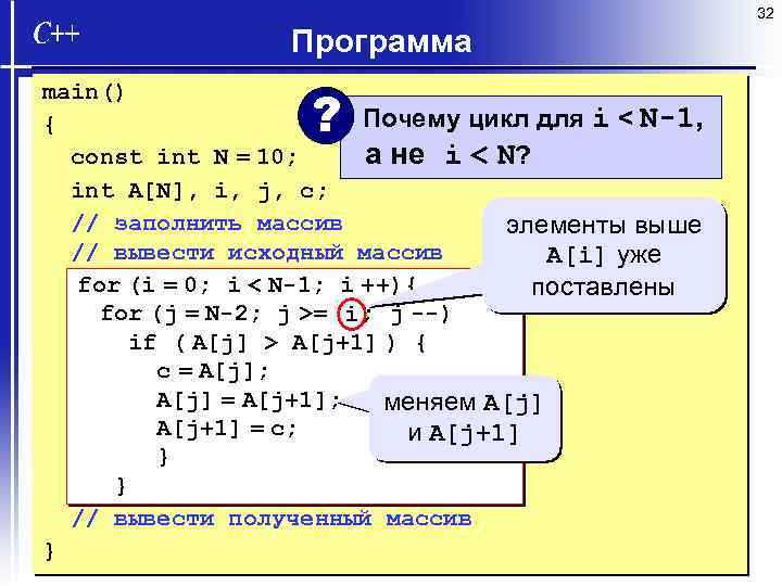 32 Программа main() Почему цикл для i < N-1, { а не i <