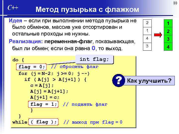 33 Метод пузырька с флажком Идея – если при выполнении метода пузырька не было