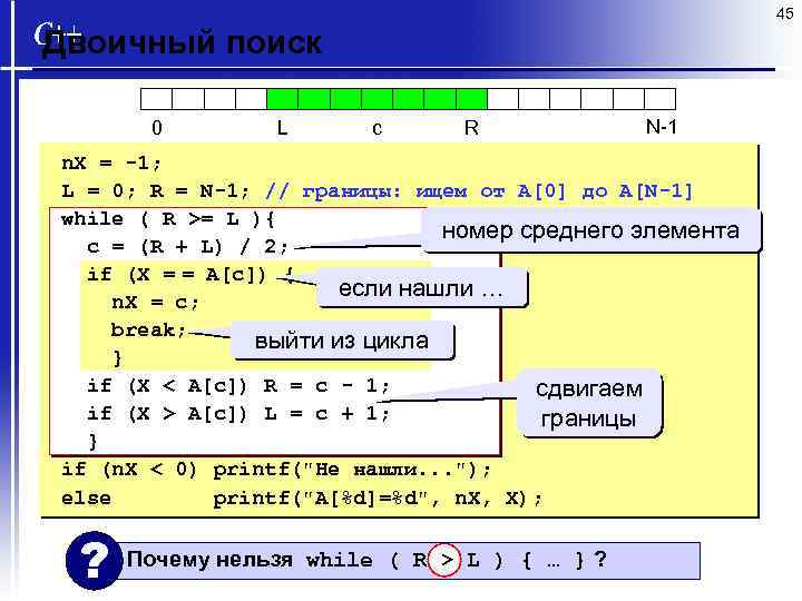 45 Двоичный поиск 0 L c R N-1 n. X = -1; L =