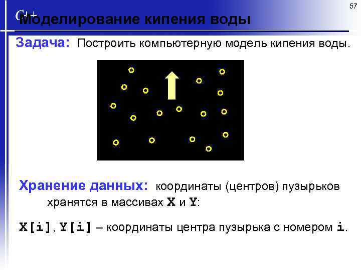 57 Моделирование кипения воды Задача: Построить компьютерную модель кипения воды. Хранение данных: координаты (центров)