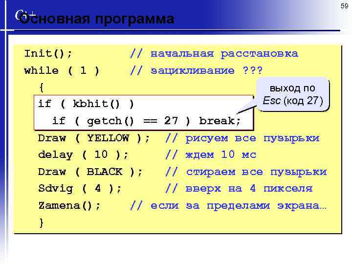 59 Основная программа Init(); // начальная расстановка while ( 1 ) // зацикливание ?