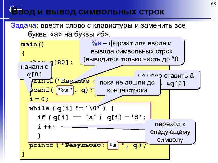 68 Ввод и вывод символьных строк Задача: ввести слово с клавиатуры и заменить все