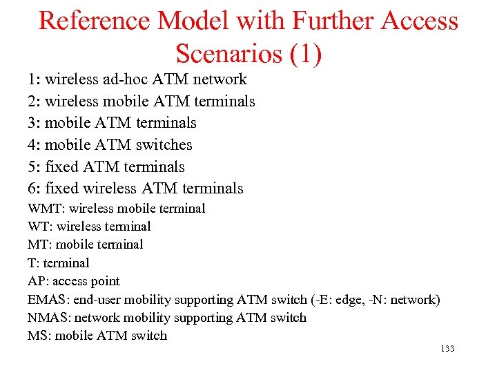 Reference Model with Further Access Scenarios (1) 1: wireless ad-hoc ATM network 2: wireless