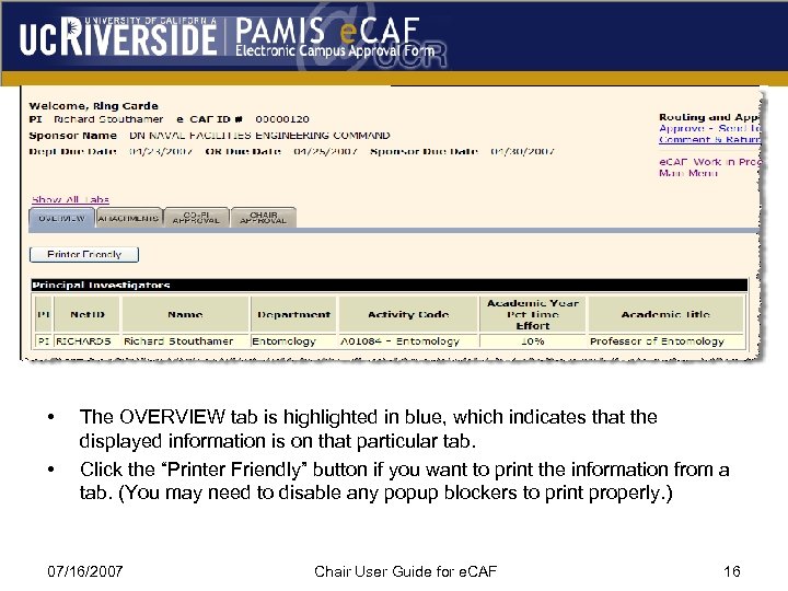  • • The OVERVIEW tab is highlighted in blue, which indicates that the