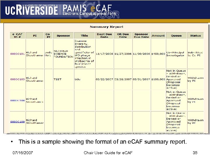  • This is a sample showing the format of an e. CAF summary
