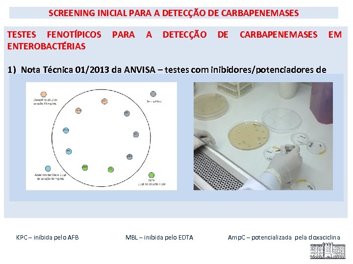 SCREENING INICIAL PARA A DETECÇÃO DE CARBAPENEMASES TESTES FENOTÍPICOS ENTEROBACTÉRIAS PARA A DETECÇÃO DE