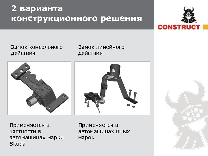 2 варианта конструкционного решения Замок консольного действия Применяется в частности в автомашинах марки Škoda