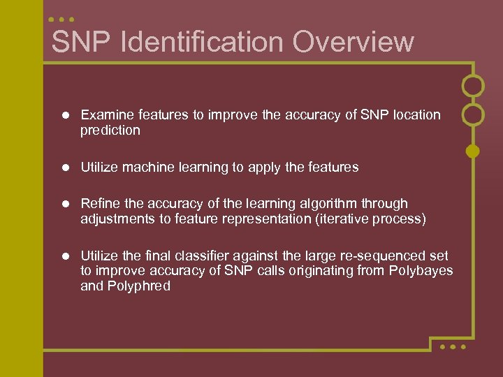 SNP Identification Overview l Examine features to improve the accuracy of SNP location prediction