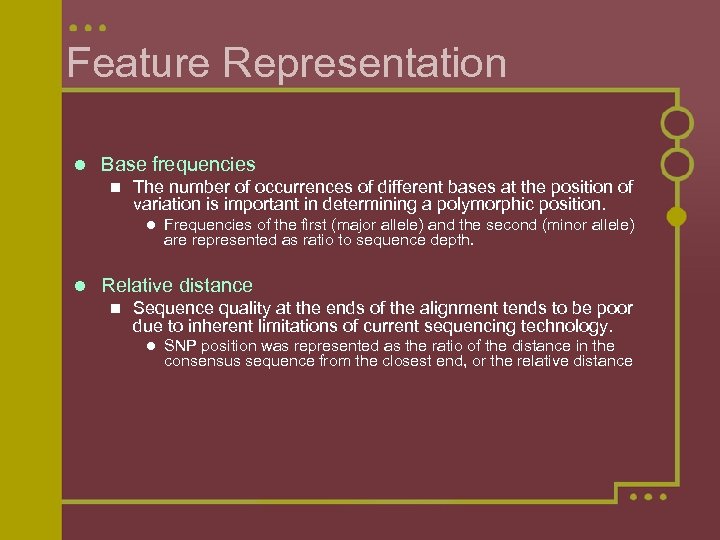 Feature Representation l Base frequencies n The number of occurrences of different bases at