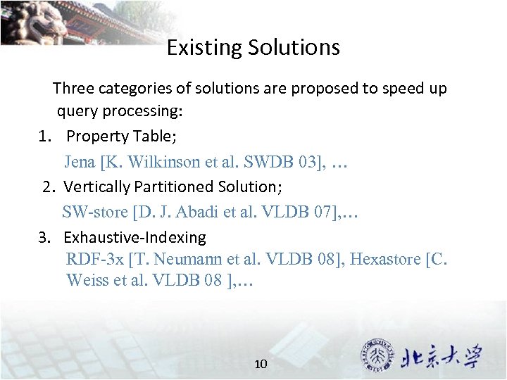 Existing Solutions Three categories of solutions are proposed to speed up query processing: 1.