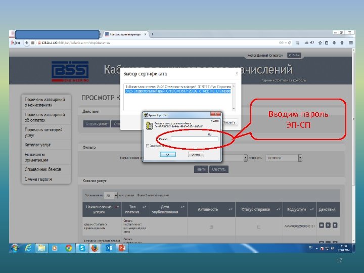 Вводим пароль ЭП-СП 17 