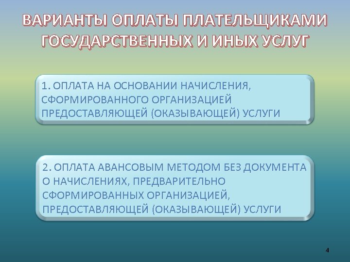 ВАРИАНТЫ ОПЛАТЫ ПЛАТЕЛЬЩИКАМИ ГОСУДАРСТВЕННЫХ И ИНЫХ УСЛУГ 1. ОПЛАТА НА ОСНОВАНИИ НАЧИСЛЕНИЯ, СФОРМИРОВАННОГО ОРГАНИЗАЦИЕЙ