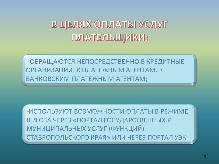 В ЦЕЛЯХ ОПЛАТЫ УСЛУГ ПЛАТЕЛЬЩИКИ: - ОБРАЩАЮТСЯ НЕПОСРЕДСТВЕННО В КРЕДИТНЫЕ ОРГАНИЗАЦИИ, К ПЛАТЕЖНЫМ АГЕНТАМ,