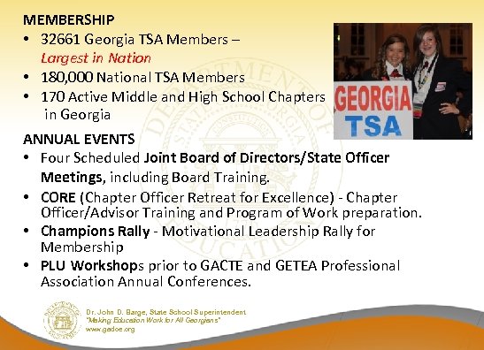 MEMBERSHIP • 32661 Georgia TSA Members – Largest in Nation • 180, 000 National