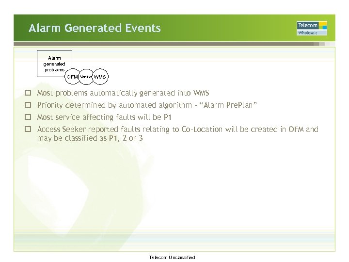 Alarm Generated Events Alarm generated problems OFM Vantive WMS o Most problems automatically generated