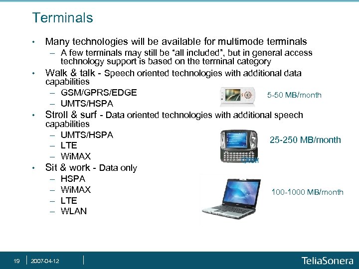 Terminals • • 19 Many technologies will be available for multimode terminals - A