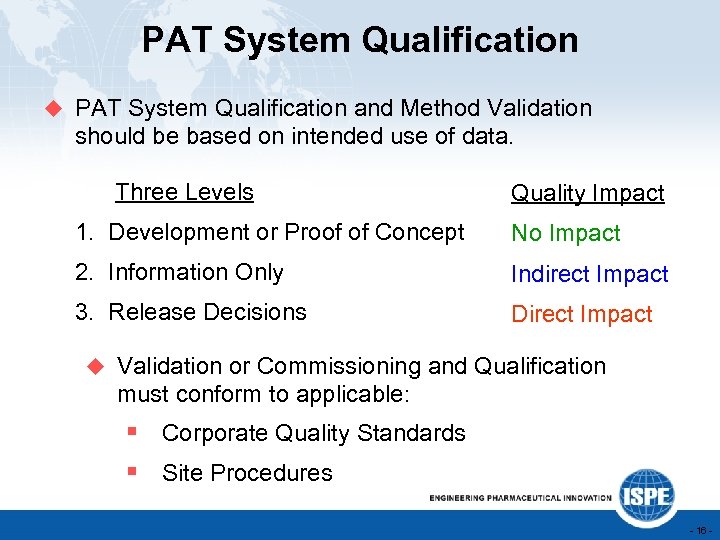 PAT System Qualification u PAT System Qualification and Method Validation should be based on