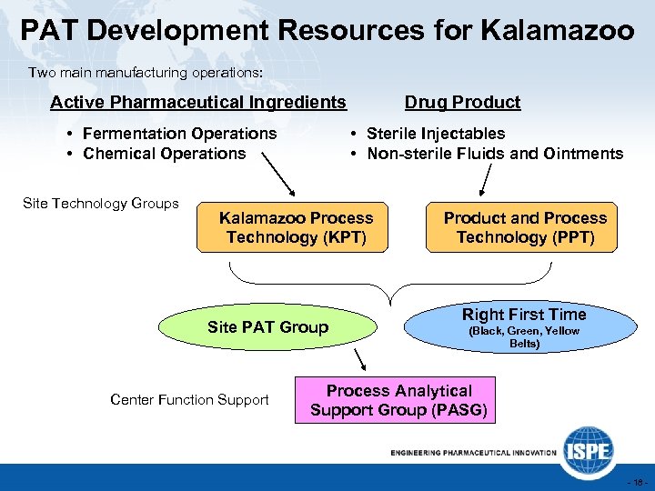 PAT Development Resources for Kalamazoo Two main manufacturing operations: Active Pharmaceutical Ingredients • Fermentation