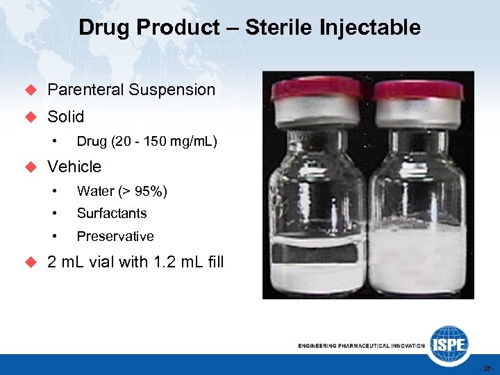 Drug Product – Sterile Injectable u Parenteral Suspension u Solid • Drug (20 -