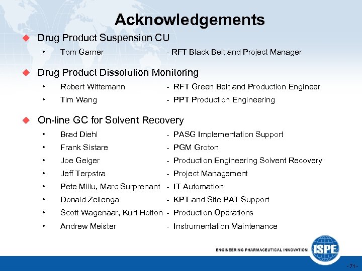 Acknowledgements u Drug Product Suspension CU • Tom Garner - RFT Black Belt and