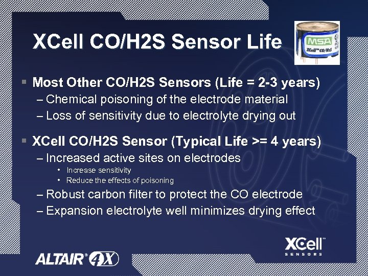 XCell CO/H 2 S Sensor Life § Most Other CO/H 2 S Sensors (Life