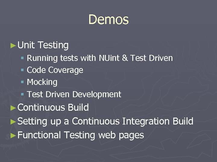 Demos ► Unit Testing § Running tests with NUint & Test Driven § Code