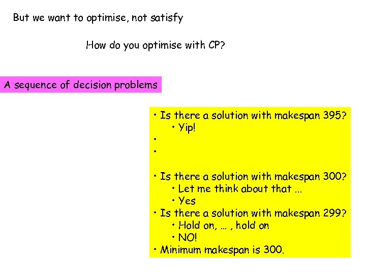But we want to optimise, not satisfy How do you optimise with CP? A