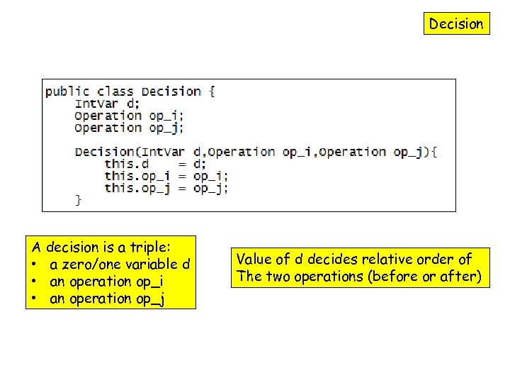 Decision A decision is a triple: • a zero/one variable d • an operation
