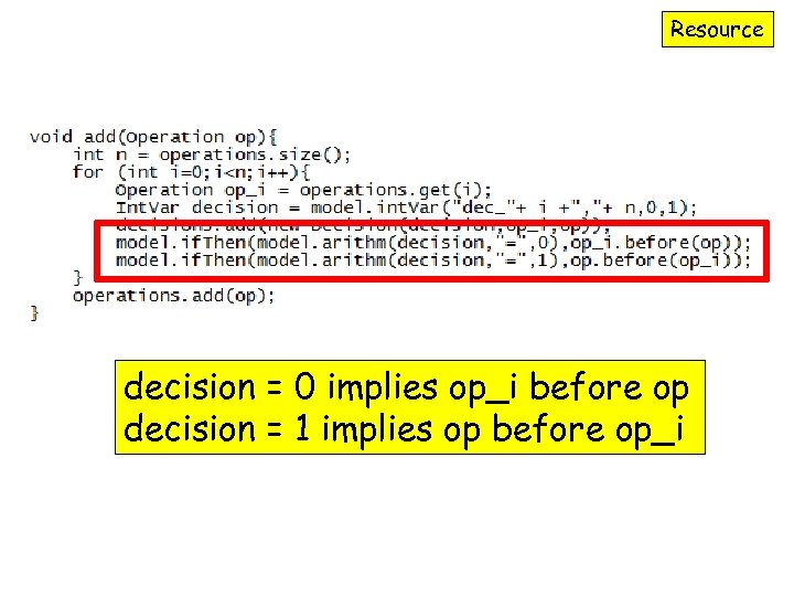 Resource decision = 0 implies op_i before op decision = 1 implies op before