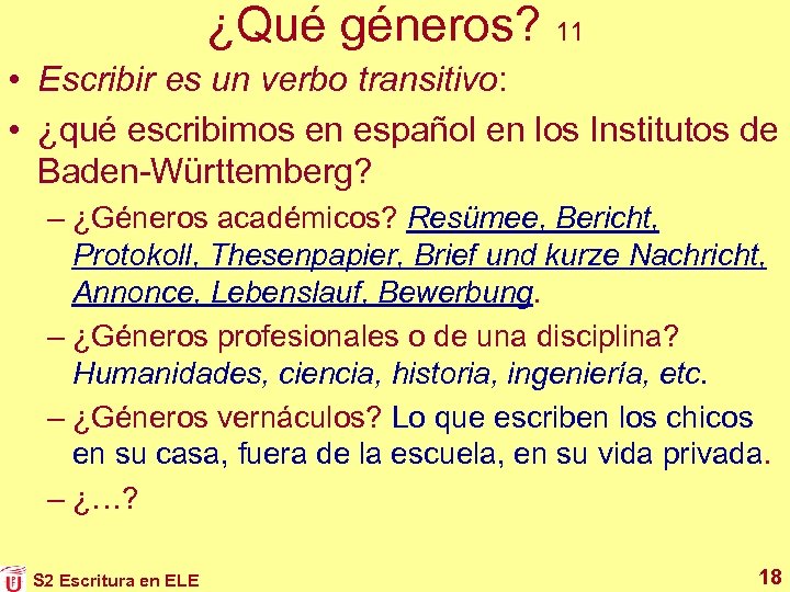 ¿Qué géneros? 11 • Escribir es un verbo transitivo: • ¿qué escribimos en español