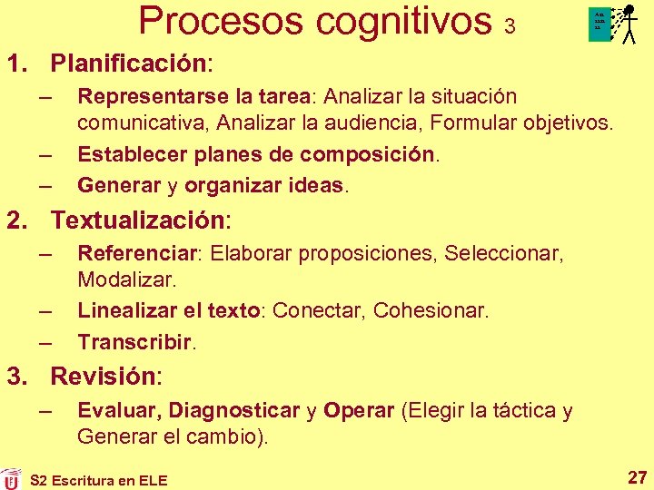 Procesos cognitivos 3 Aaa aa 1. Planificación: – – – Representarse la tarea: Analizar