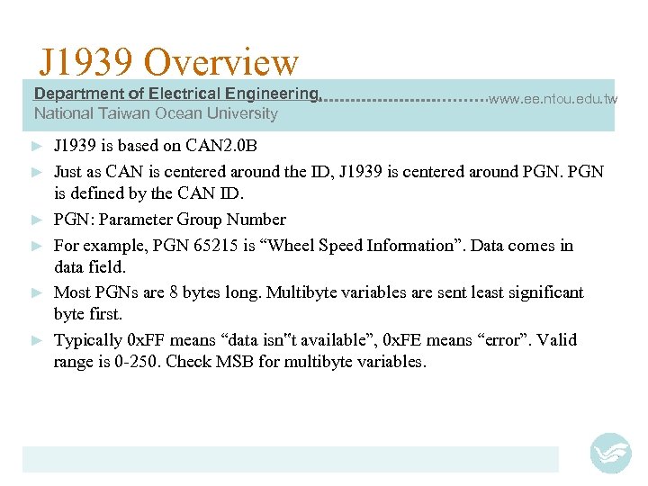 J 1939 Overview Department of Electrical Engineering, National Taiwan Ocean University ► ► ►