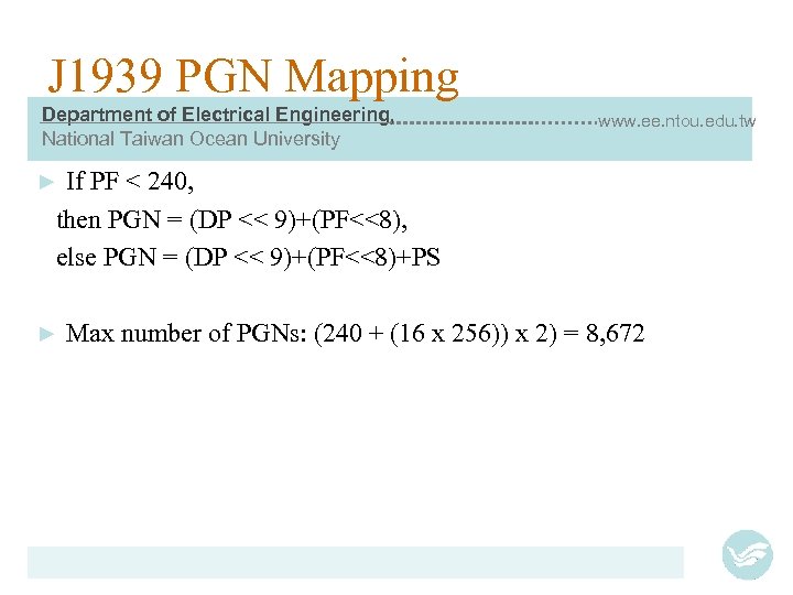 J 1939 PGN Mapping Department of Electrical Engineering, National Taiwan Ocean University www. ee.