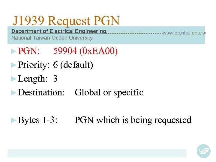 J 1939 Request PGN Department of Electrical Engineering, National Taiwan Ocean University www. ee.