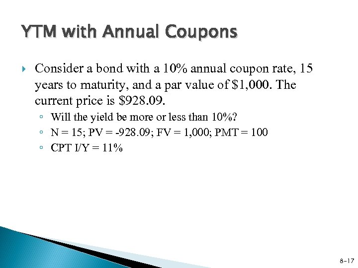 YTM with Annual Coupons Consider a bond with a 10% annual coupon rate, 15