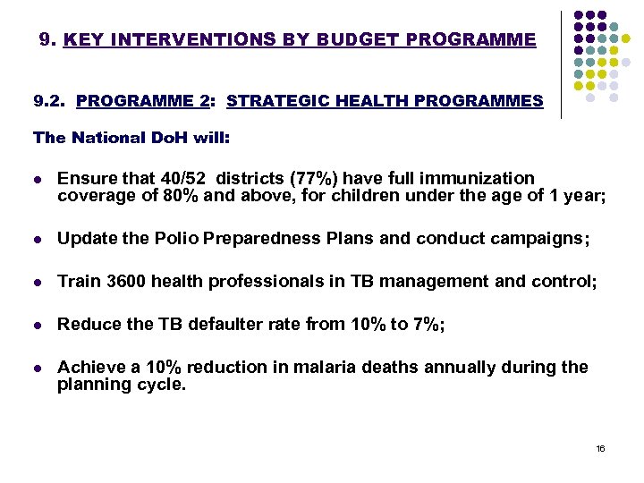 9. KEY INTERVENTIONS BY BUDGET PROGRAMME 9. 2. PROGRAMME 2: STRATEGIC HEALTH PROGRAMMES The