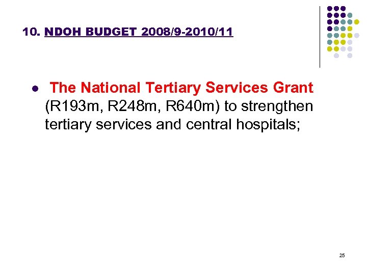 10. NDOH BUDGET 2008/9 -2010/11 l The National Tertiary Services Grant (R 193 m,